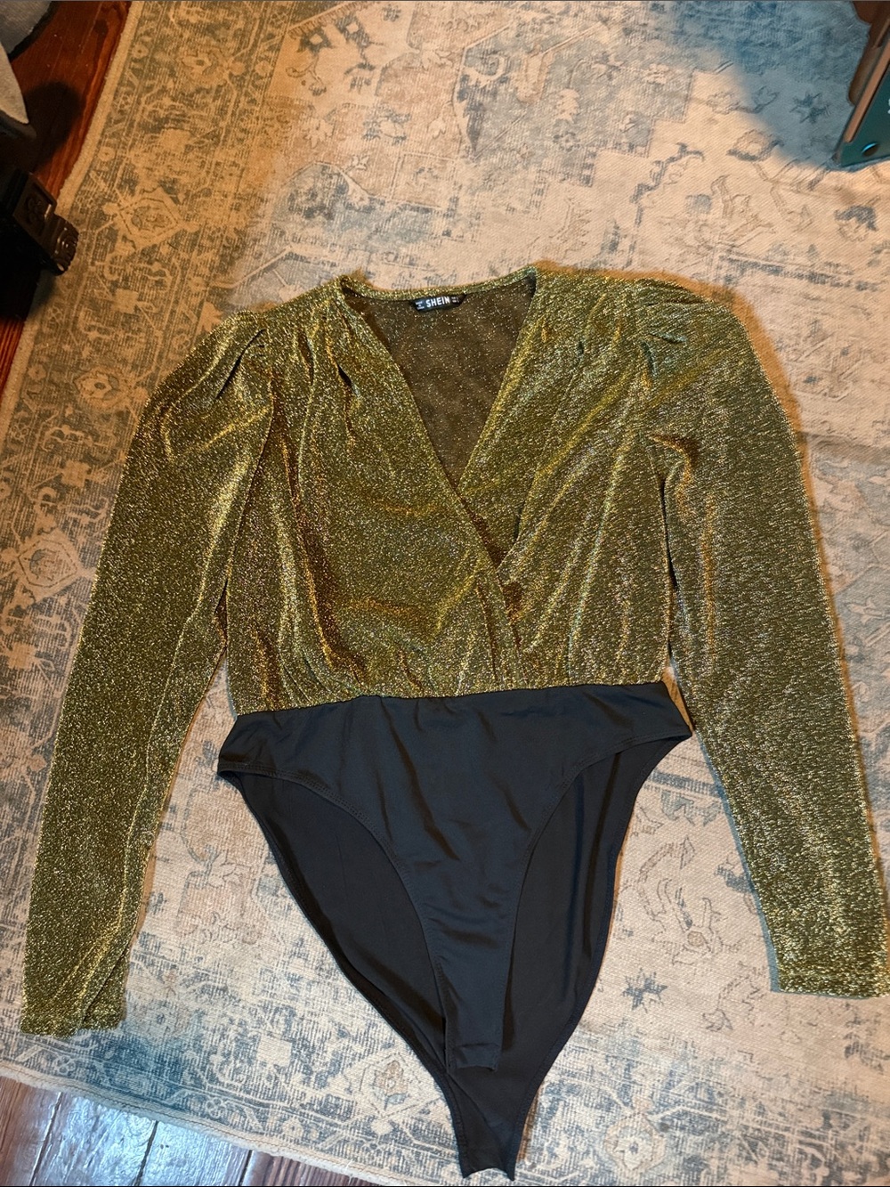 SHEIN Metallic Olive Green and Black Long-Sleeve One-Piece Bodysuit